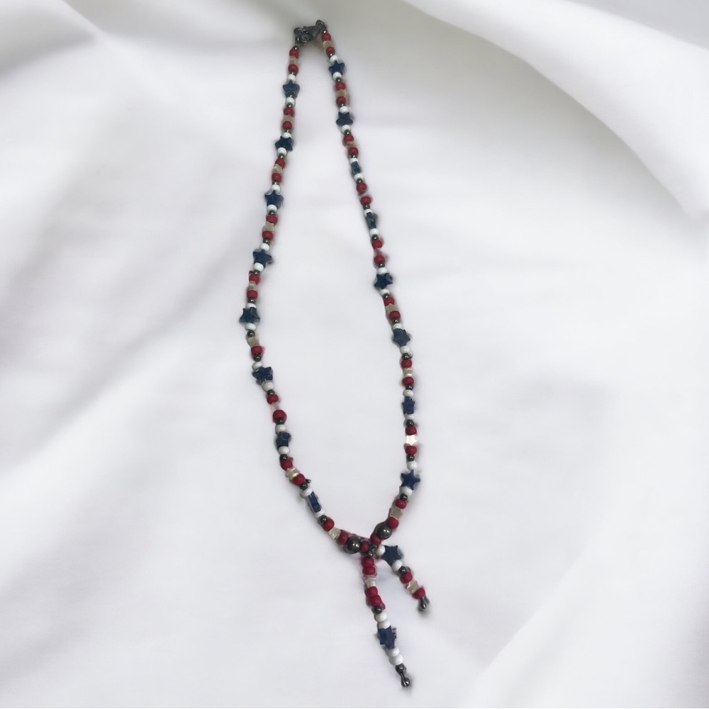 Vintage Patriotic Lapis Coral Quartz Moonstone Beaded Necklace